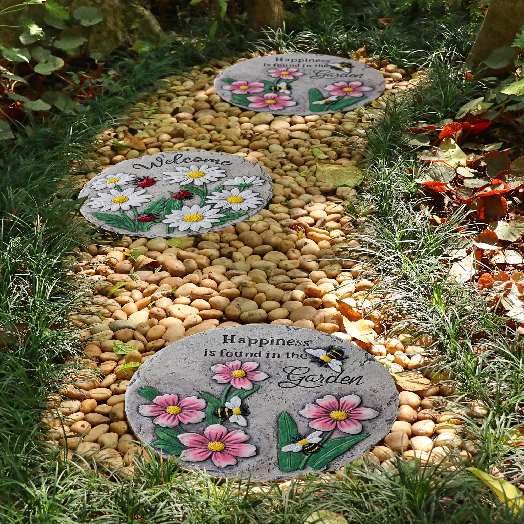 Glitzhome® 10" Set of 2 Cement Ladybug and Bee Flower Textured Stepping Stones